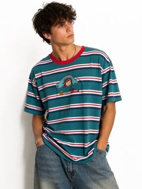 Studio Ghibli Ponyo Portrait Embroidered Striped T-Shirt size L